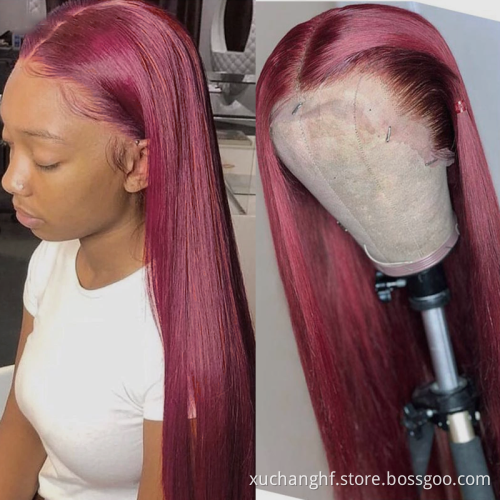 Burgundy red color ombre lace front wig,100% remy hair long straight 99j human hair wig,burgundy red coloured full lace wig